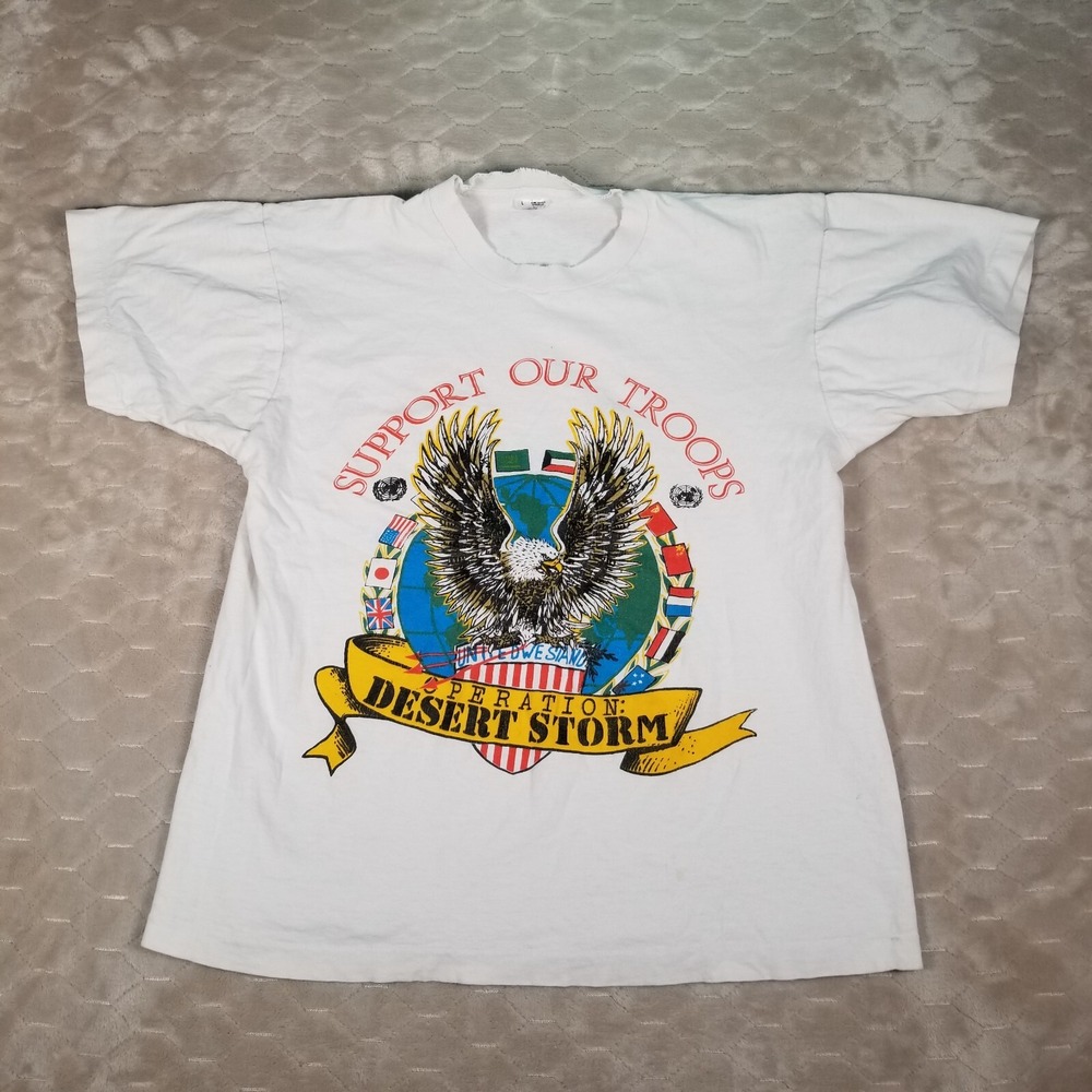VTG Desert Storm Support Our Troops Eagle Shirt Sz M/L See Pics Single Stitch